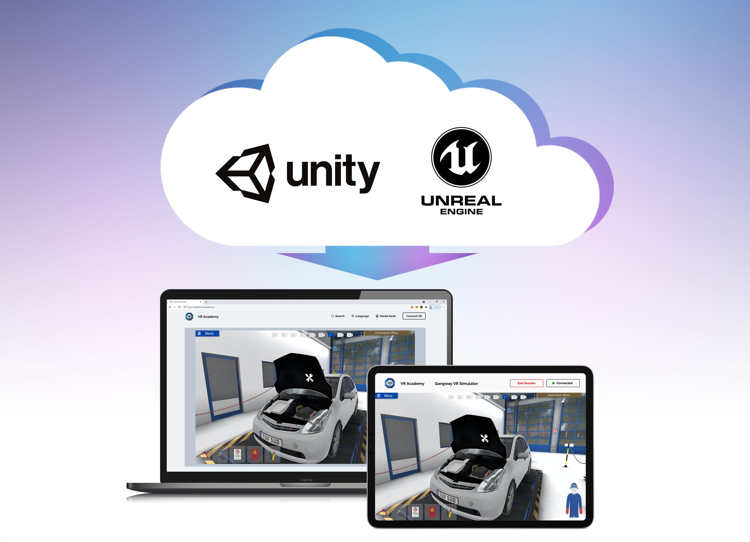 Diagram of a 3D application streamed from a cloud GPU to a browser, a laptop, and an Apple Vision Pro headset.