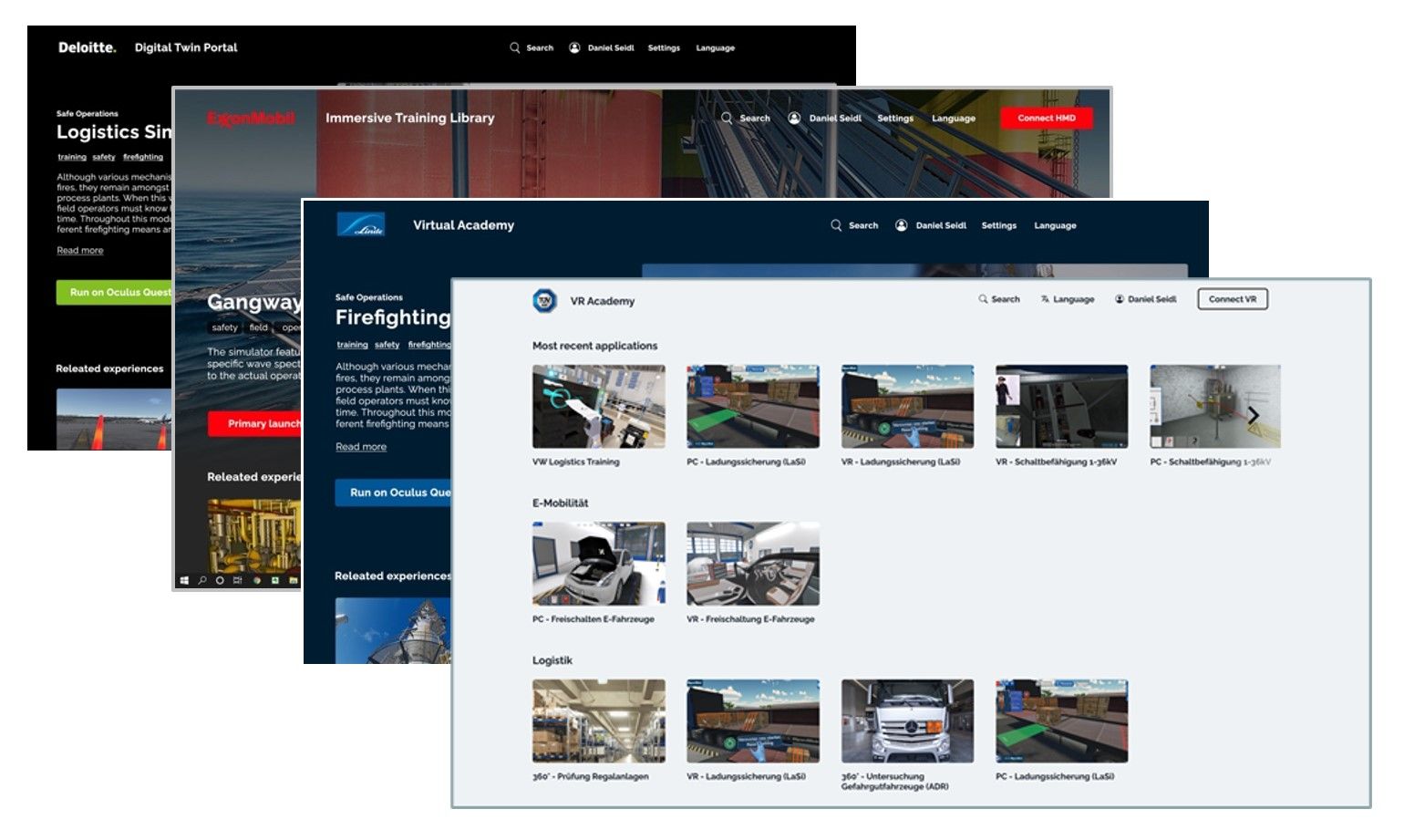 Innoactive Portal launcher with custom brand colors, a corporate logo, and a custom domain shown in the address bar.
