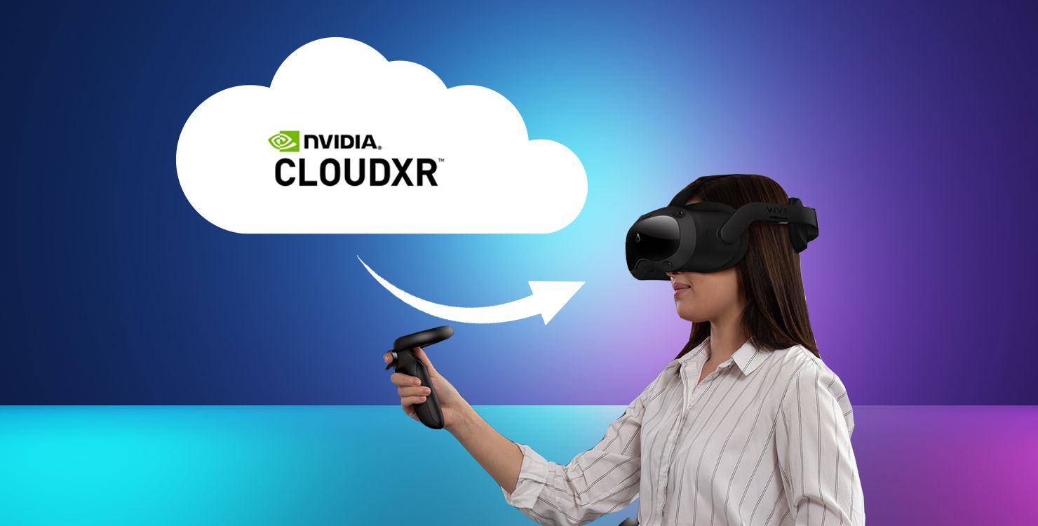 Cloud GPU rendering a PC-VR scene that is streamed to a Meta Quest, an HTC Vive Focus, and an Apple Vision Pro.