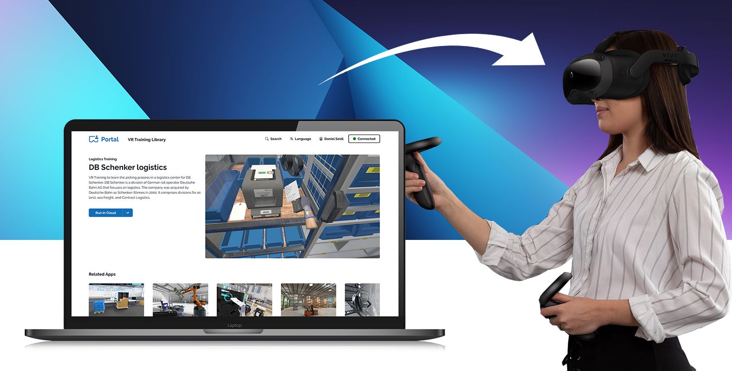 Innoactive Portal launcher showing a catalog of Unity, Unreal, Omniverse, and VRED applications.