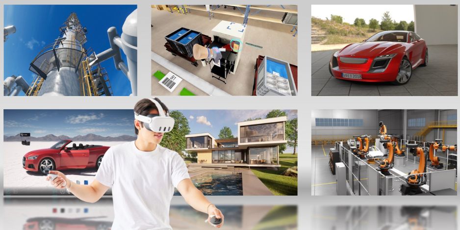 A user wearing a Meta Quest 3 VR headset, immersed in a virtual environment powered by Innoactive's streaming applications.