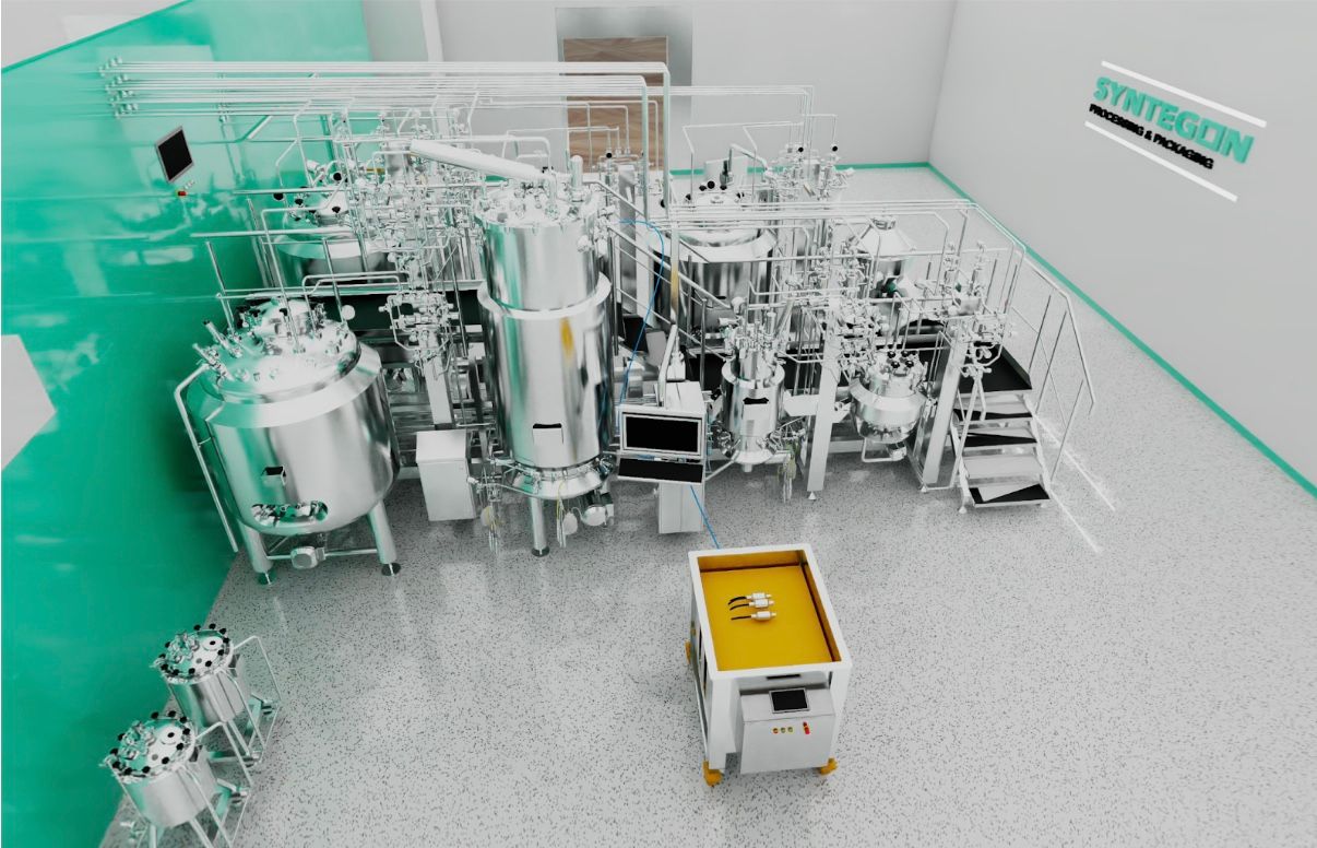 Syntegon's Modular Bioprocessing Platform, streamed to the Apple Vision Pro via Innoactive XR Streaming, enabling immersive design reviews and optimization for pharmaceutical manufacturing, including vaccine production.