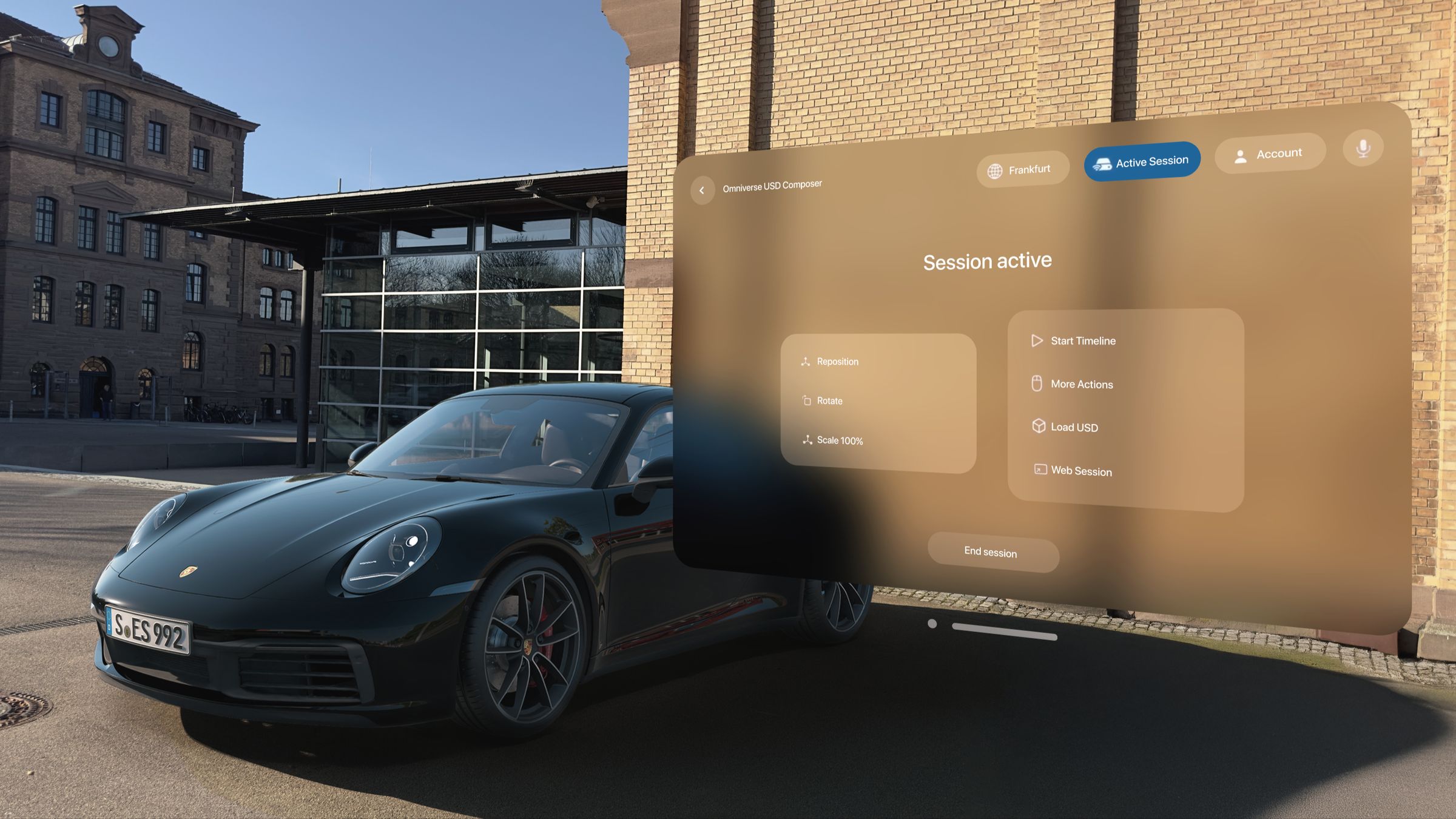 Digital 3D model of a Porsche 911 Carrera displayed on Apple Vision Pro, powered by MHP and Innoactive XR Streaming. Includes fuel consumption and CO₂ emissions data. Image credit: MHP.