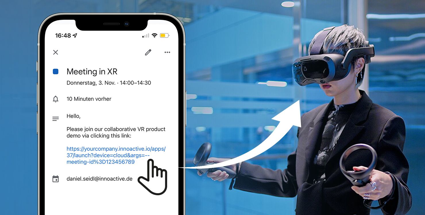 A meeting calendar invite with an Innoactive deep-link URL that opens a 3D scene when clicked.