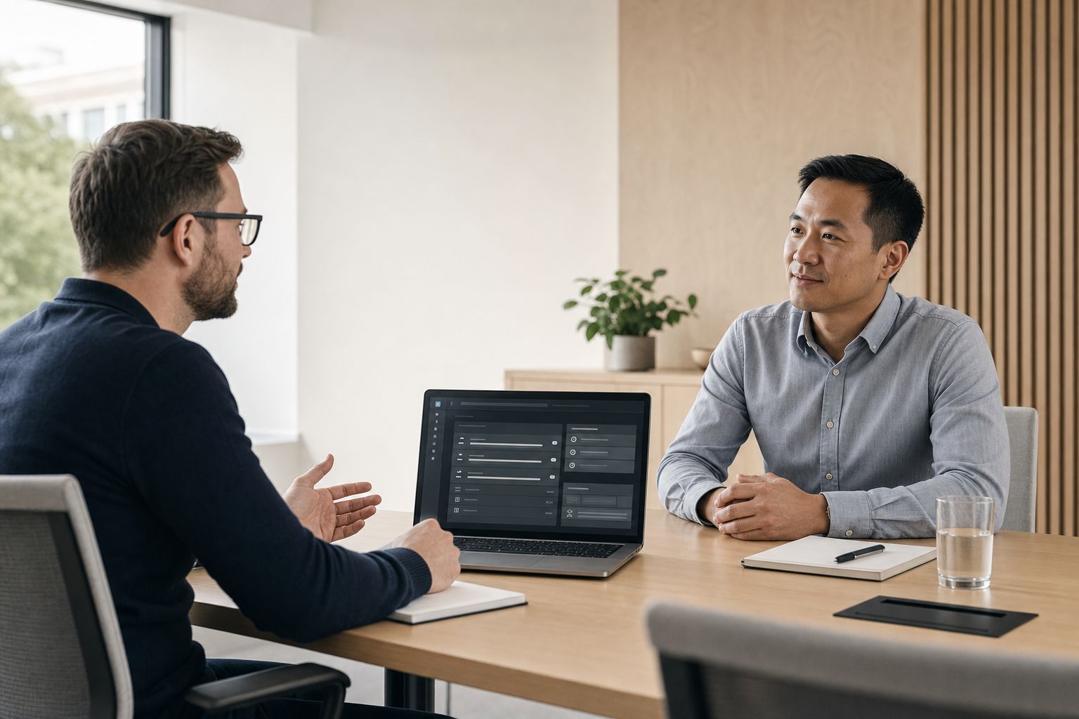 Wide cinematic shot of a calm meeting between an IT lead and a procurement officer inside a modern Innoactive customer office